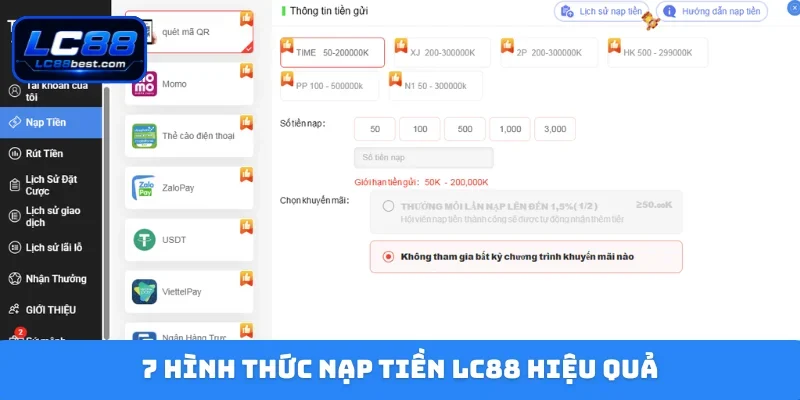 7 hình thức nạp tiền LC88 hiệu quả